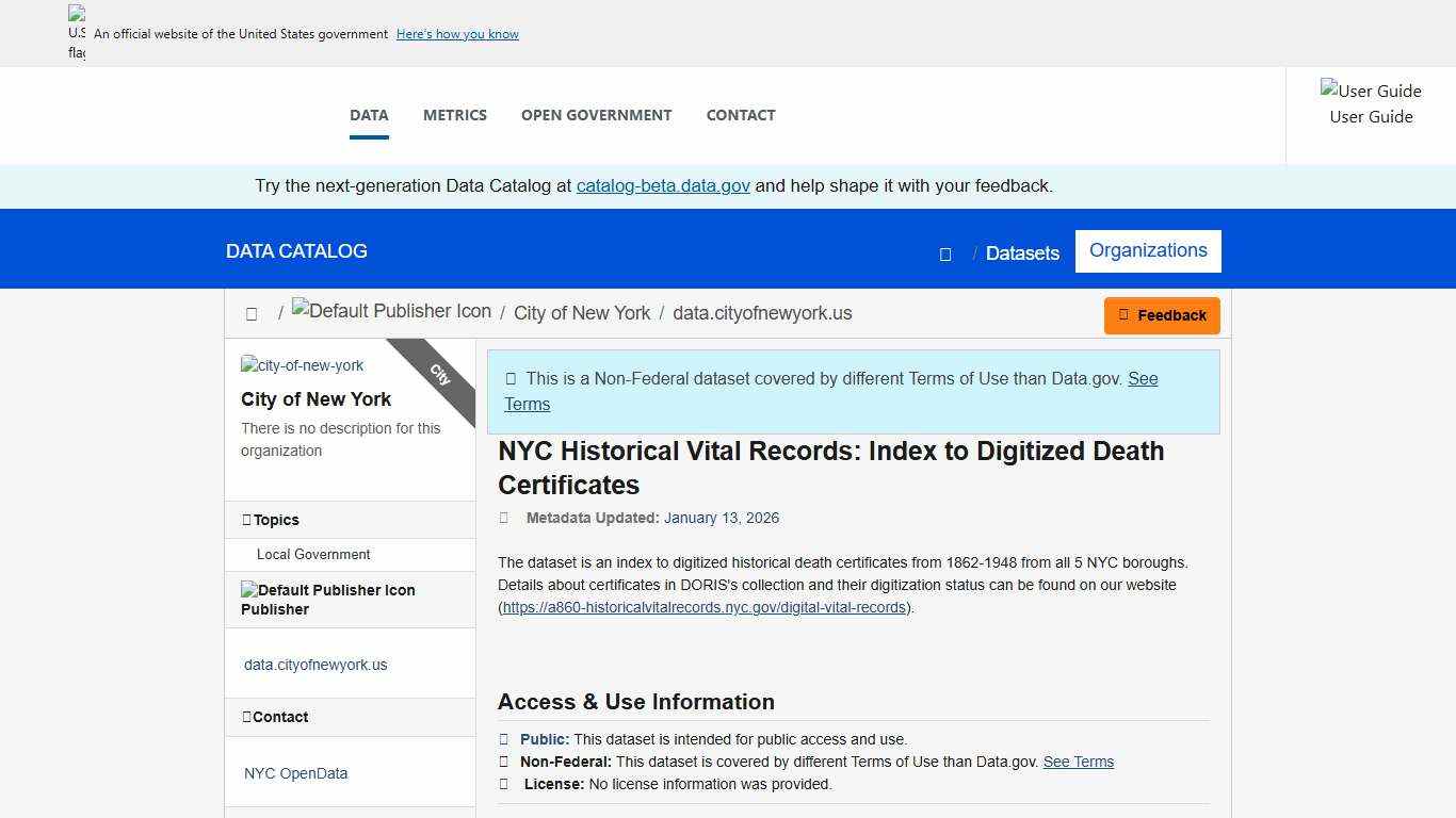 NYC Historical Vital Records: Index to Digitized Death Certificates - Catalog